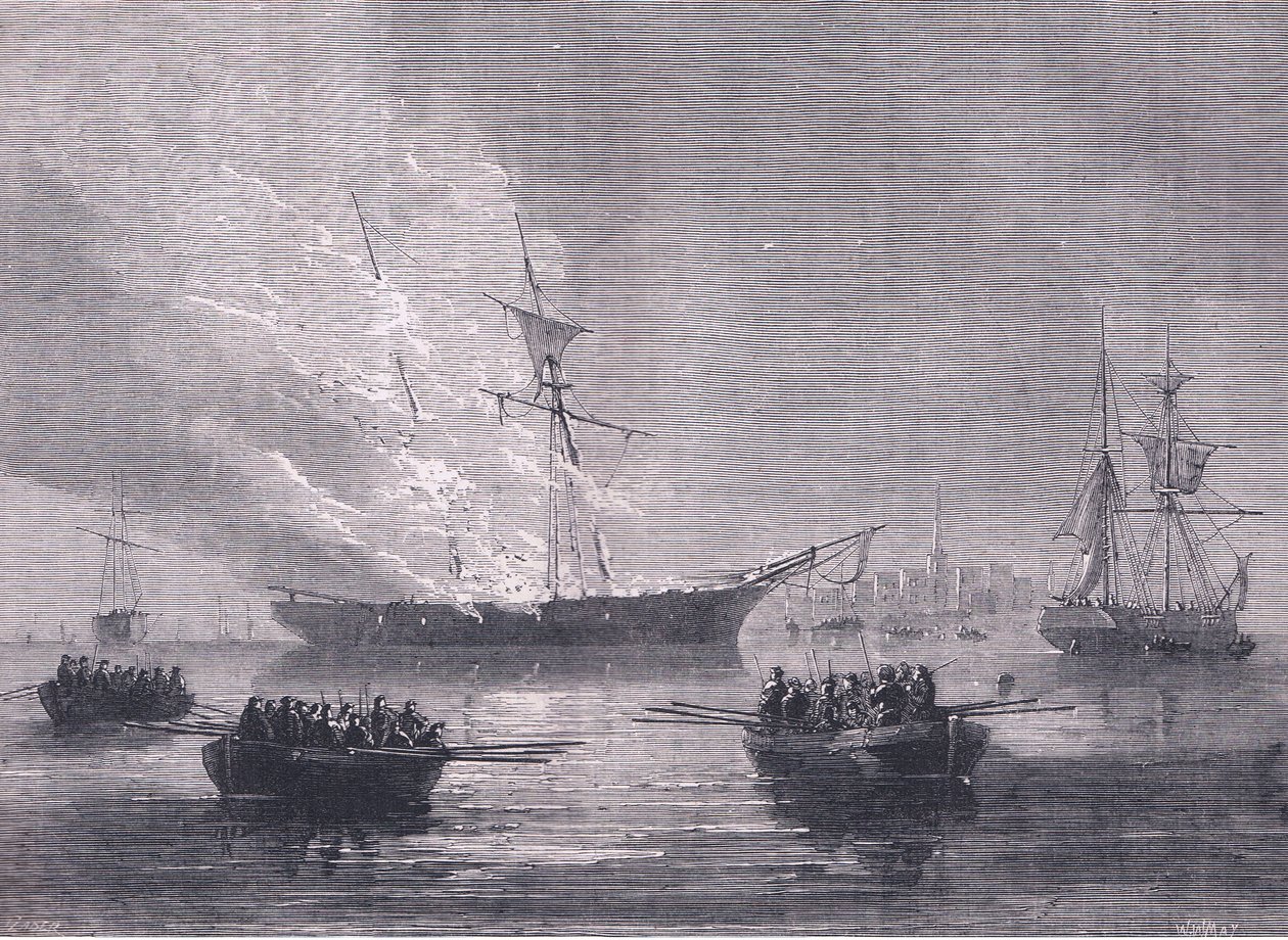 A queima de Gaspe, ilustração de Cassells History of the United States publicada por Cassell, Petter & Galpin, c.1900 (litho) de American English school