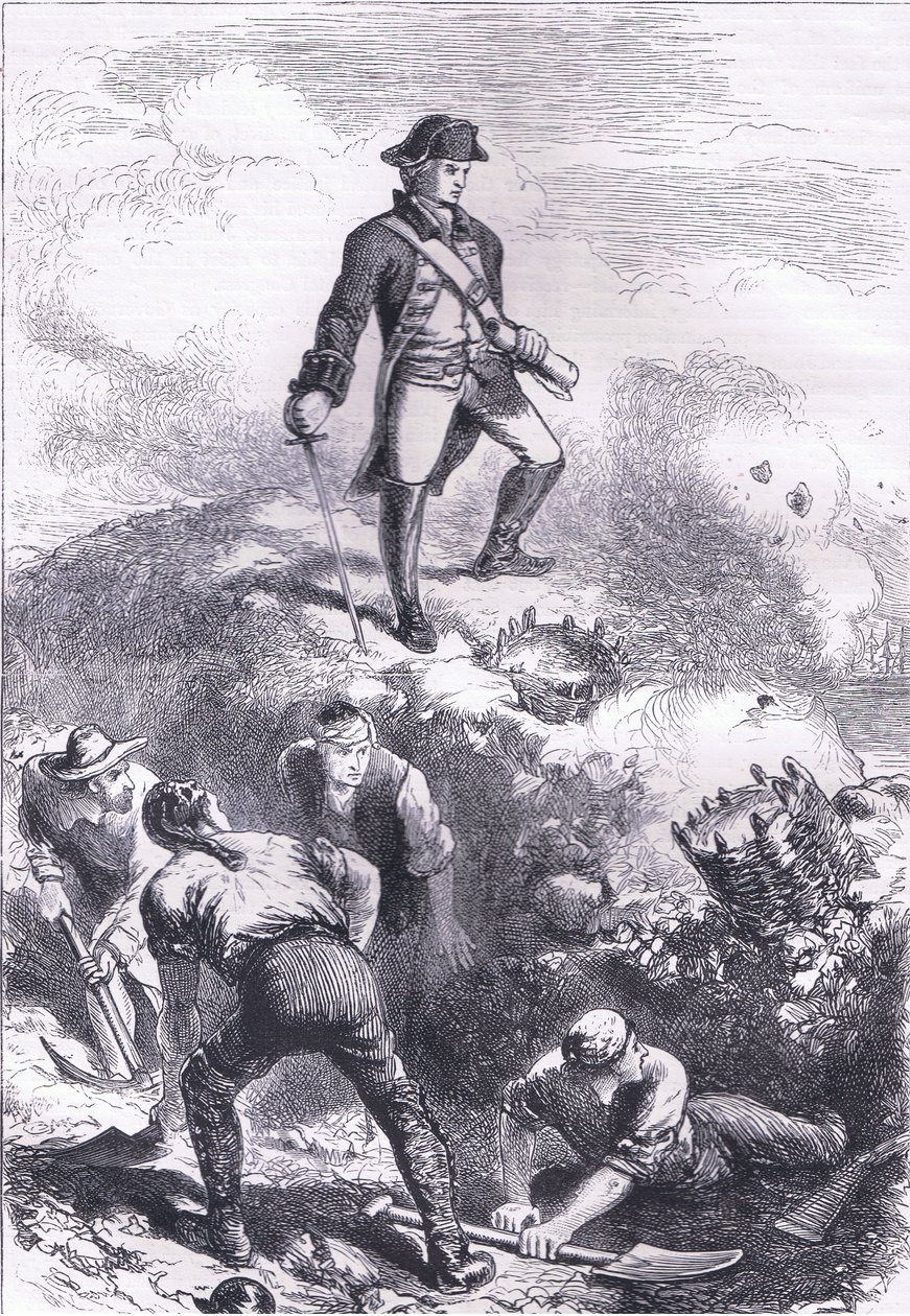 A defesa da Casa da Raça: Prescott in the redoubt, ilustração de Cassells History of the United States publicada por Cassell, Petter & Galpin, c.1900 (litho) de American English school