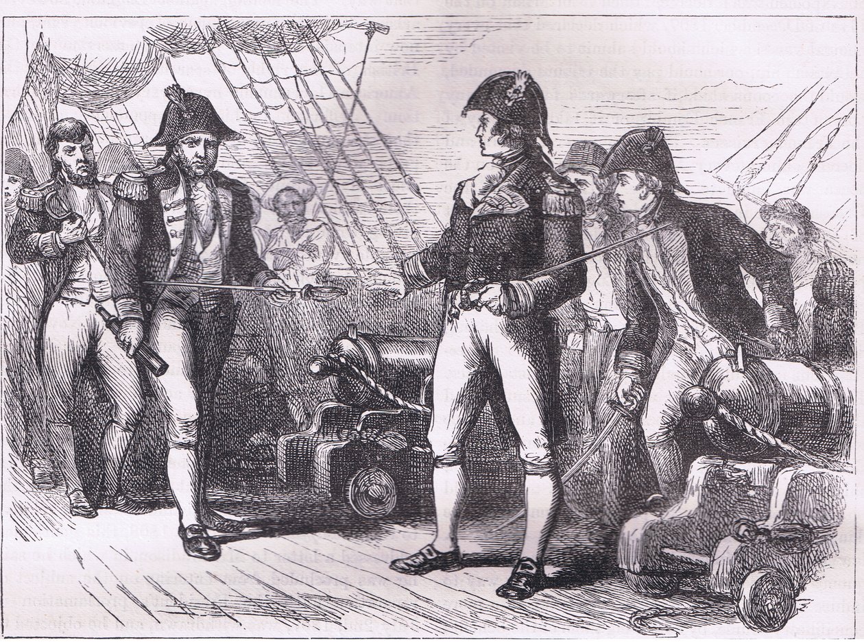 Os oficiais do Chesapeake oferecendo suas espadas, ilustração de Cassell History of the United States publicada por Cassell, Petter & Galpin, c.1900 (litho) de American English school