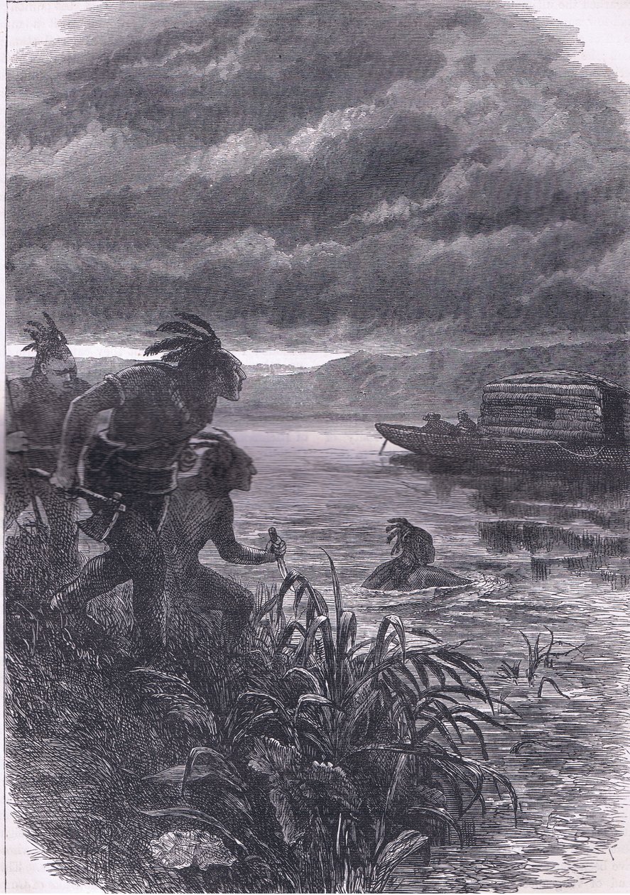 Traders on the Ohio atacados por selvagens, ilustração de Cassell History of the United States publicada por Cassell, Petter & Galpin, c.1900 (litho) de American English school