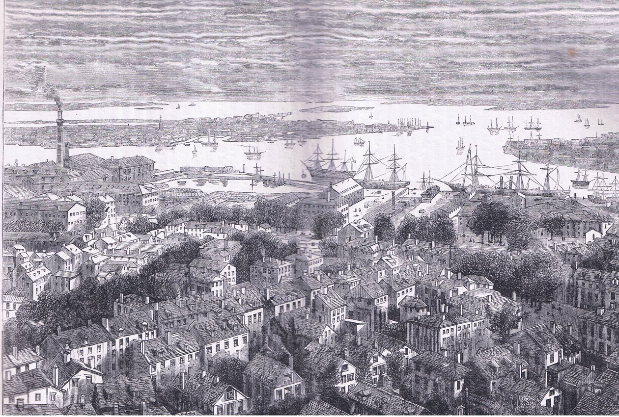 Vista de Boston por Bunkers Hill, ilustração de Cassells History of the United States publicada por Cassell, Petter & Galpin, c.1900 (litho) de American English school