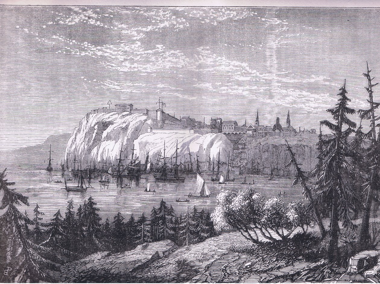 Vista do Quebec, ilustração de Cassells History of the United States publicada por Cassell, Petter & Galpin, c.1900 (litho) de American English school