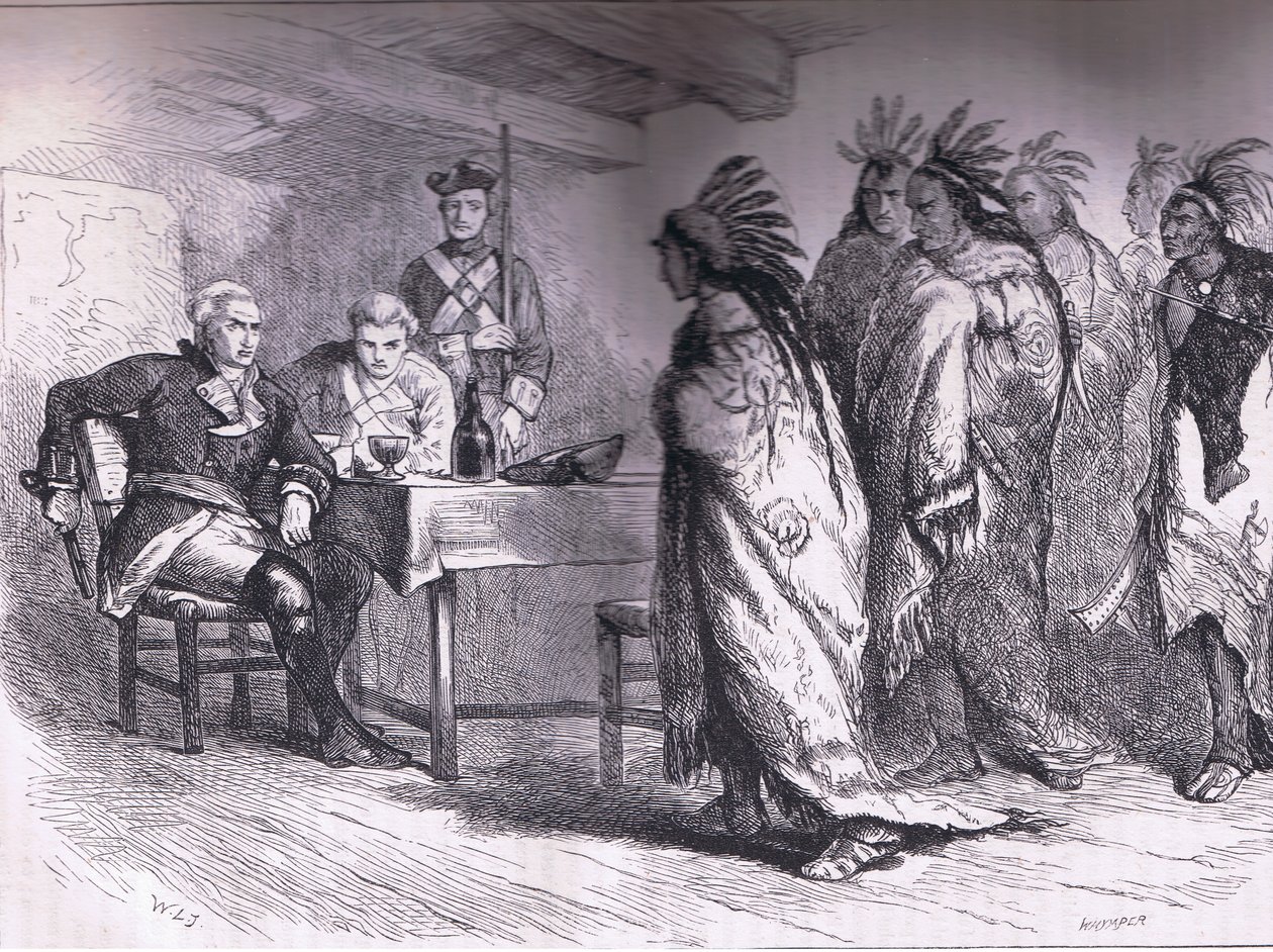 Visita de Pontiac e dos índios ao Major Gladwin 1763, ilustração de Cassell History of the United States publicada por Cassell, Petter & Galpin, c.1900 (litho) de American English school