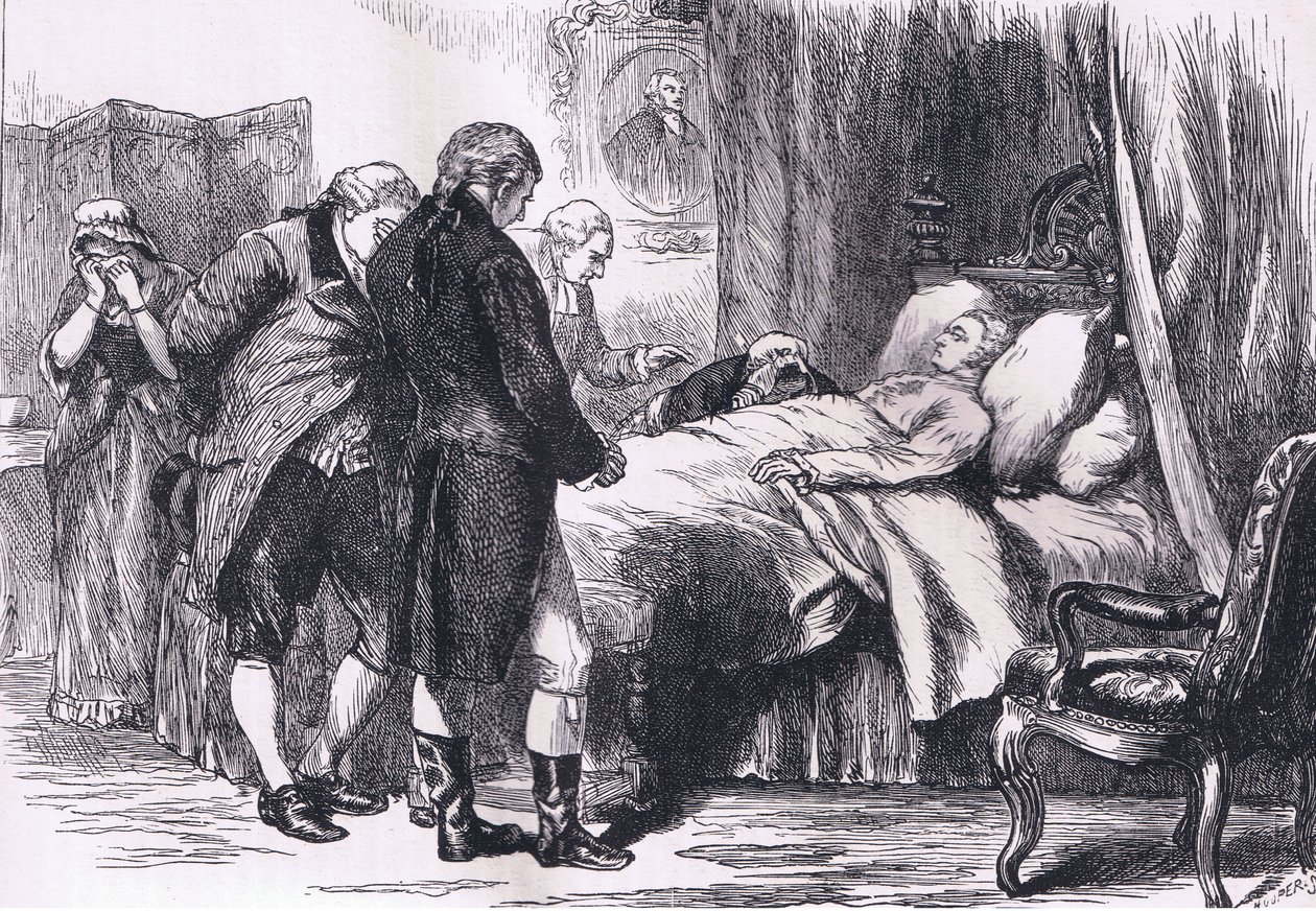 Washington em seu leito de morte, ilustração de Cassells History of the United States publicada por Cassell, Petter & Galpin, c.1900 (litho) de American English school