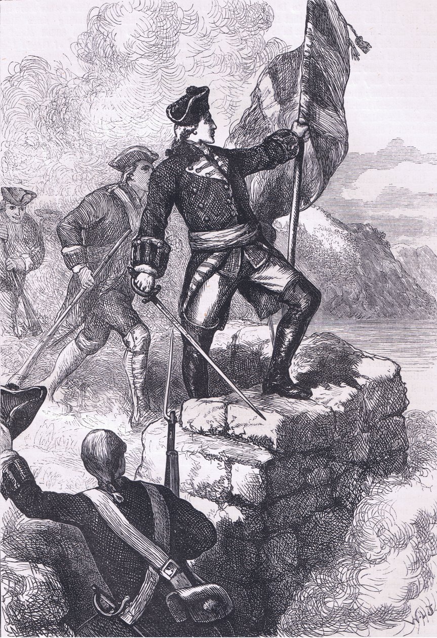Washington plantando a bandeira britânica em Fort Duquesne, ilustração de Cassells History of the United States publicada por Cassell, Petter & Galpin, c.1900 (litho) de American English school