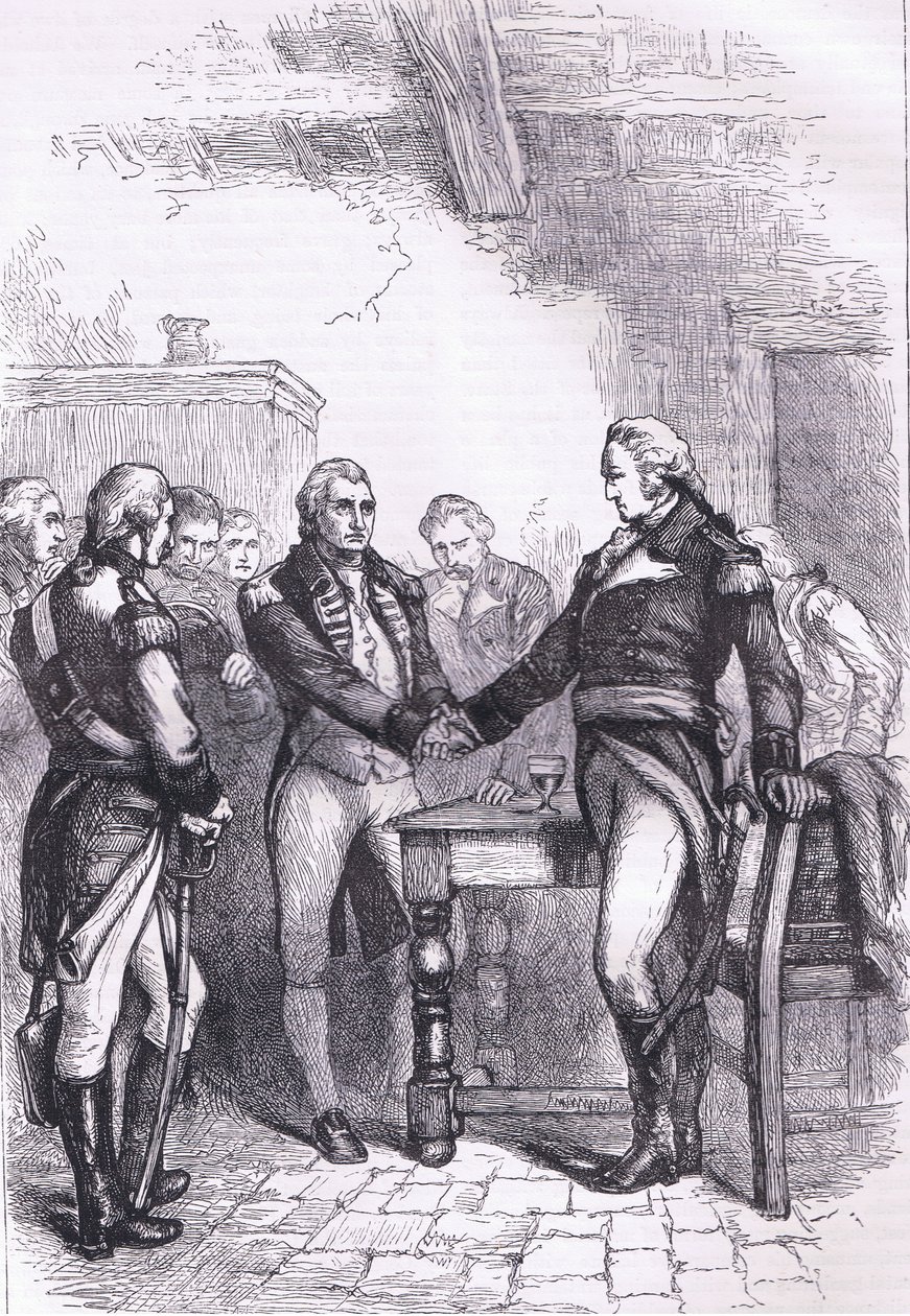 Washington despedindo-se de seus antigos camaradas, ilustração de Cassell History of the United States publicada por Cassell, Petter & Galpin, c.1900 (litho) de American English school