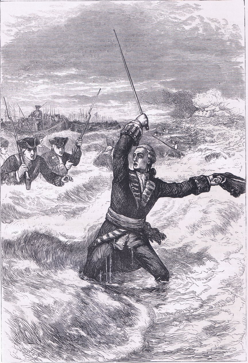 Wolfe desembarque em Louisburg, ilustração de Cassells History of the United States publicada por Cassell, Petter & Galpin, c.1900 (litho) de American English school