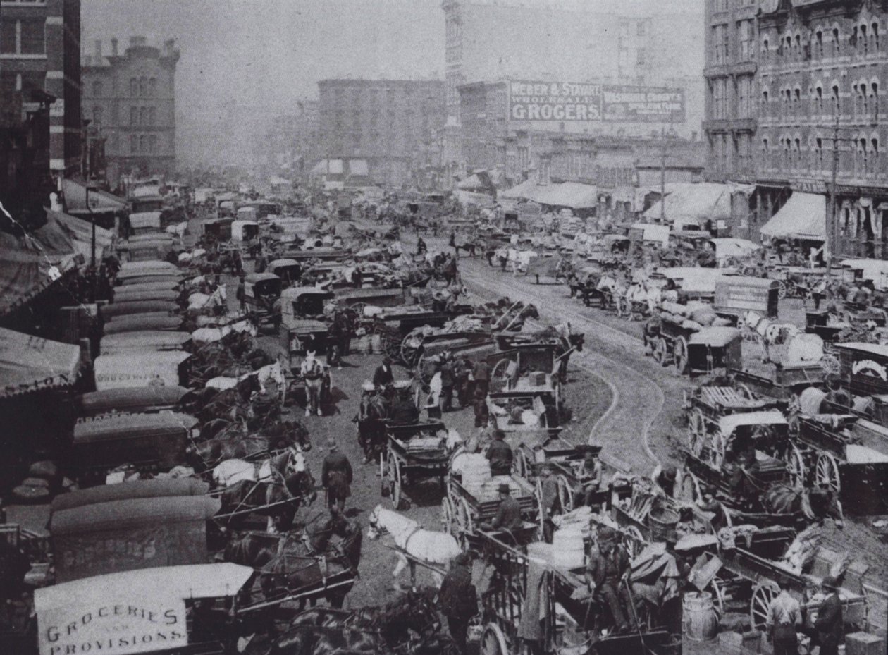 Haymarket Square lotado de carruagens puxadas por cavalos, Chicago de American Photographer