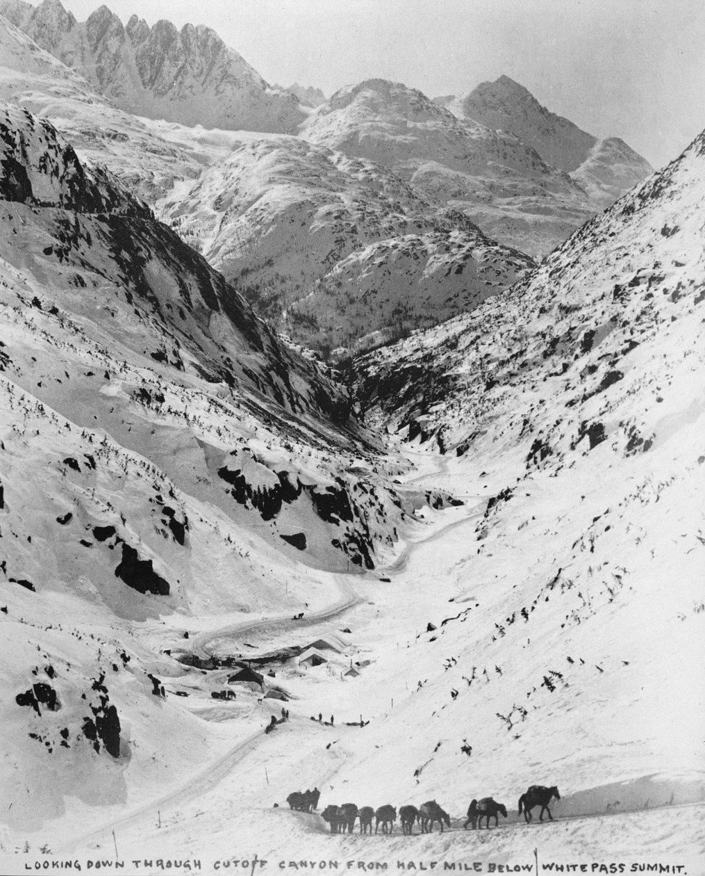 Olhando para baixo através do Cutoff Canyon, a meia milha abaixo do White Pass Summit, durante a Corrida do Ouro klondike (1817-98) 1898 (foto a p/b) de American Photographer