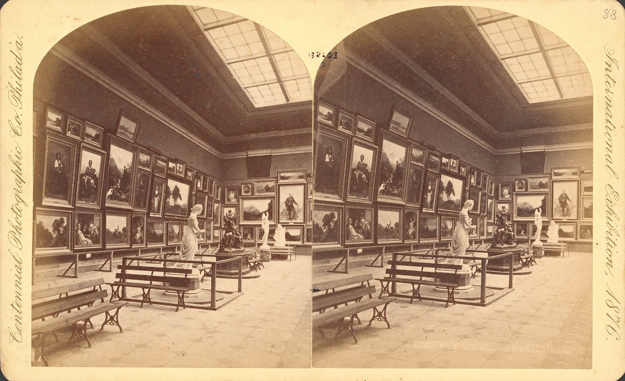 Memorial Hall, Departamento Americano, Exposição Internacional Centenária de 1876, Filadélfia (impressão estereoscópica) de American Photographer