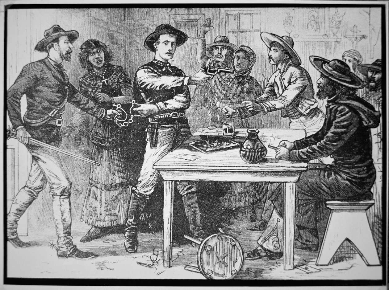 Texas Rangers prendendo um fora-da-lei mexicano, c.1880 (gravação) de American Photographer