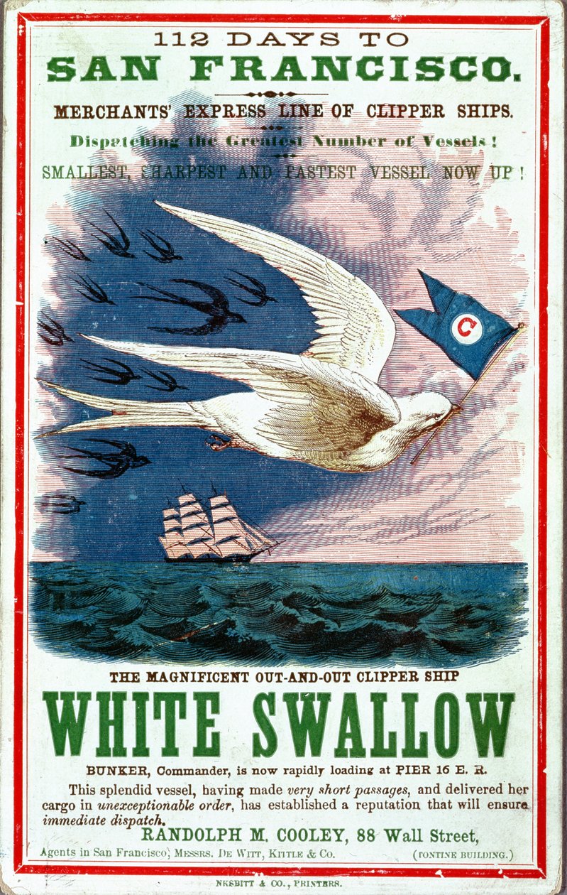112 Dias para a propaganda de cartaz de São Francisco Comerciante Express Line de Clipper Ships, White Swallow de American School