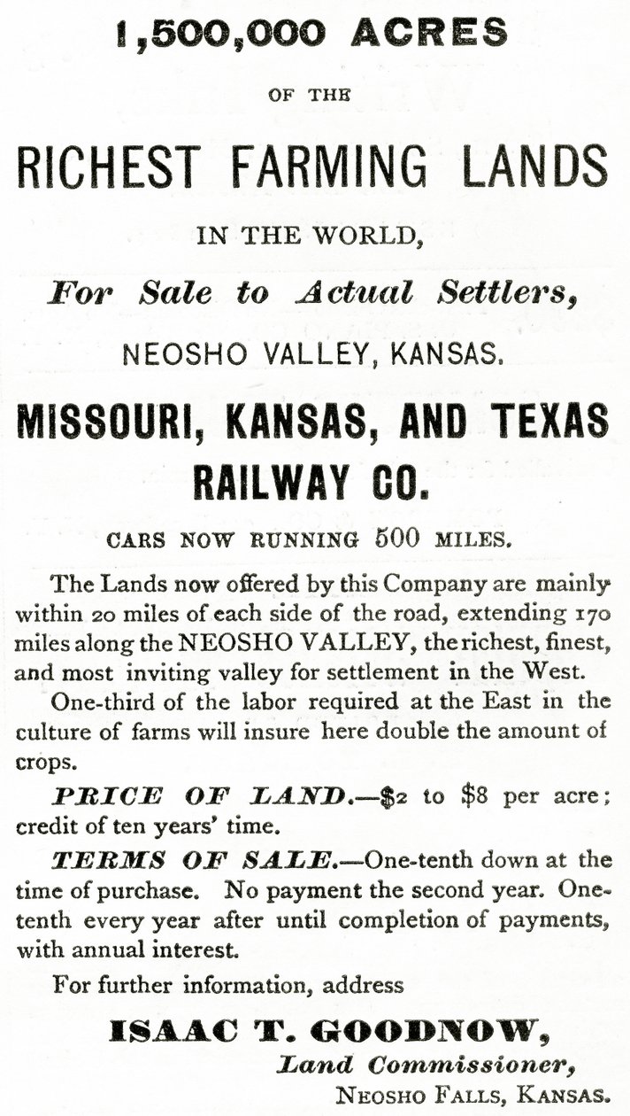 1.500.000 Acres das Terras Agrícolas mais Ricas do Mundo, no Vale do Neosho, Kansas, anúncio do Appletons Journal, 4 de maio de 1872 de American School