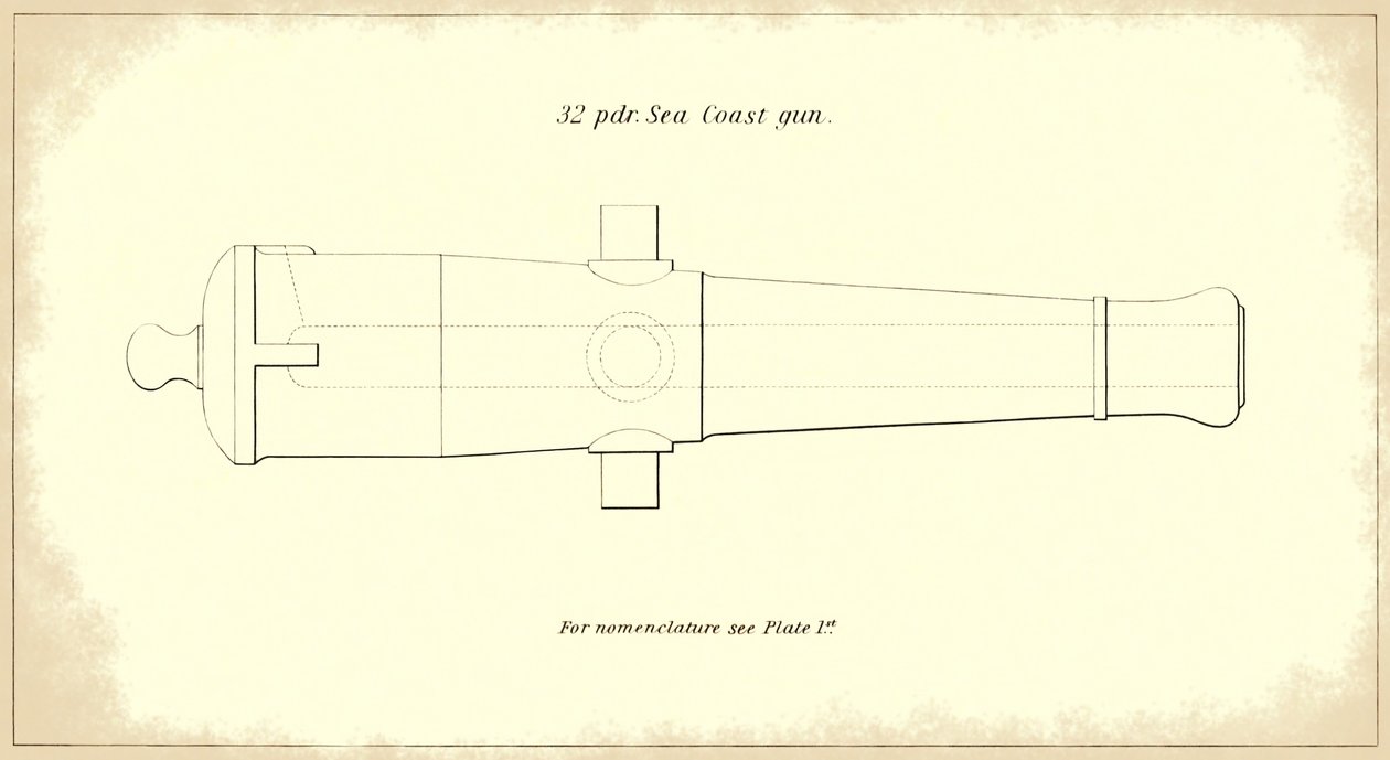 Cano de cano seacoast de 32 libras, retirado do manual da Instrução para Artilharia Pesada do Exército dos EUA, 1850-51 de American School