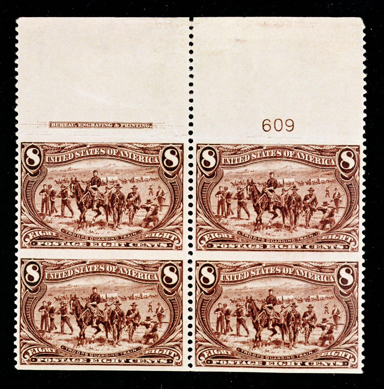 8 Cent Tropas Guarding Wagon Train bloco de quatro de American School
