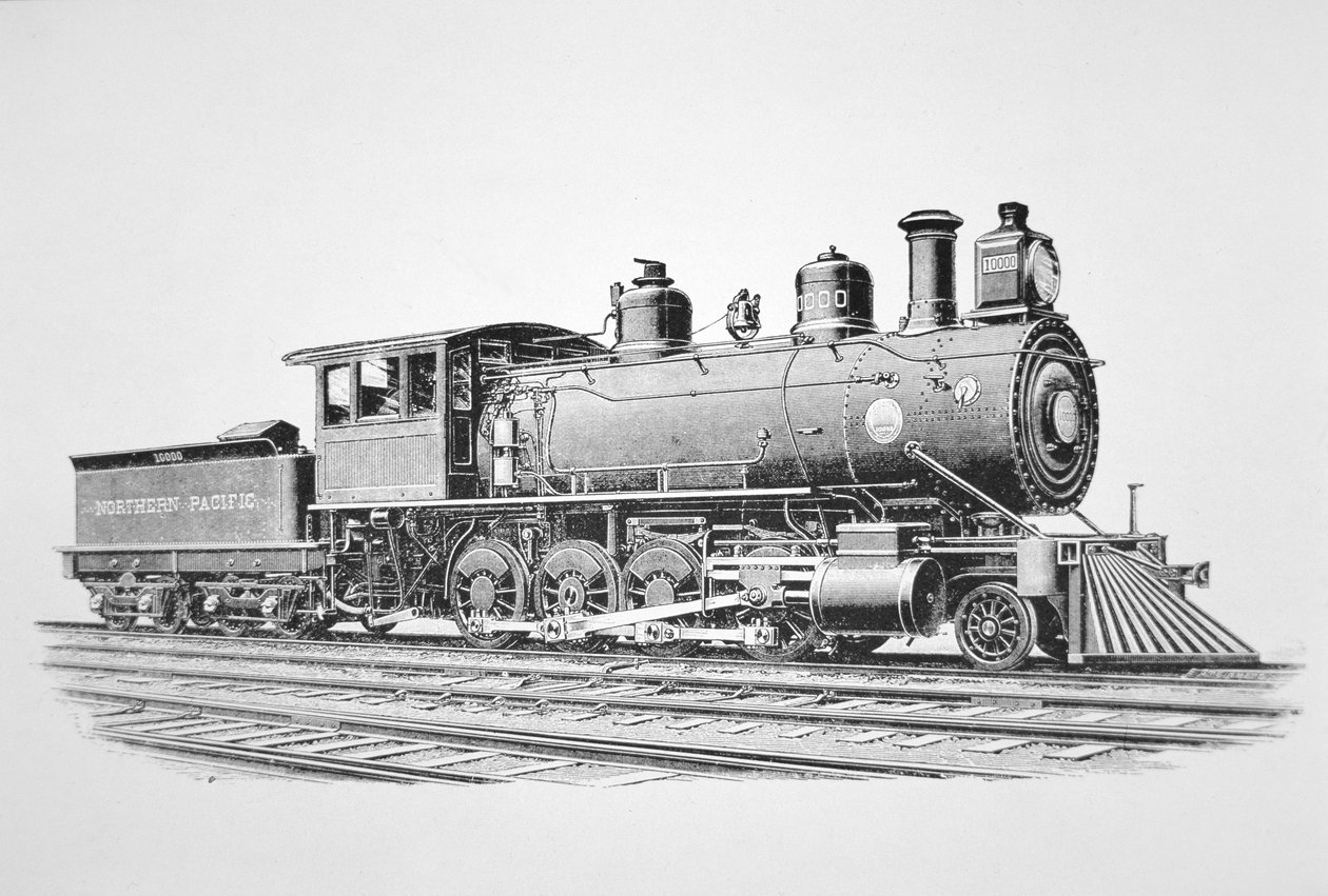 Uma locomotiva do tipo consolidação 2-8-0 construída pela Baldwin em junho de 1889 para a Ferrovia do Pacífico Norte (litho) de American School
