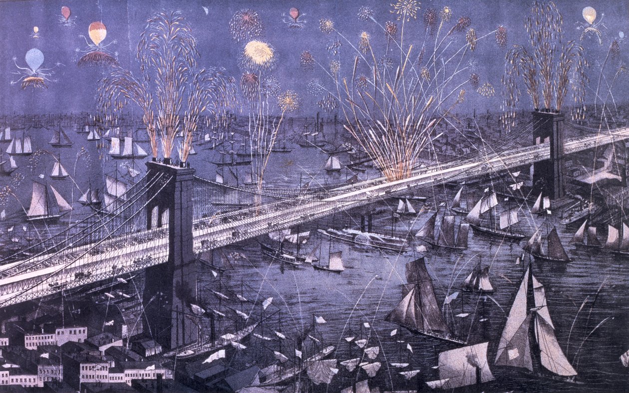 Uma visão panorâmica da grande ponte de Nova York e Brooklyn e grande exibição de obras de fogo na noite de abertura, 1883, pub. de A. Major de American School