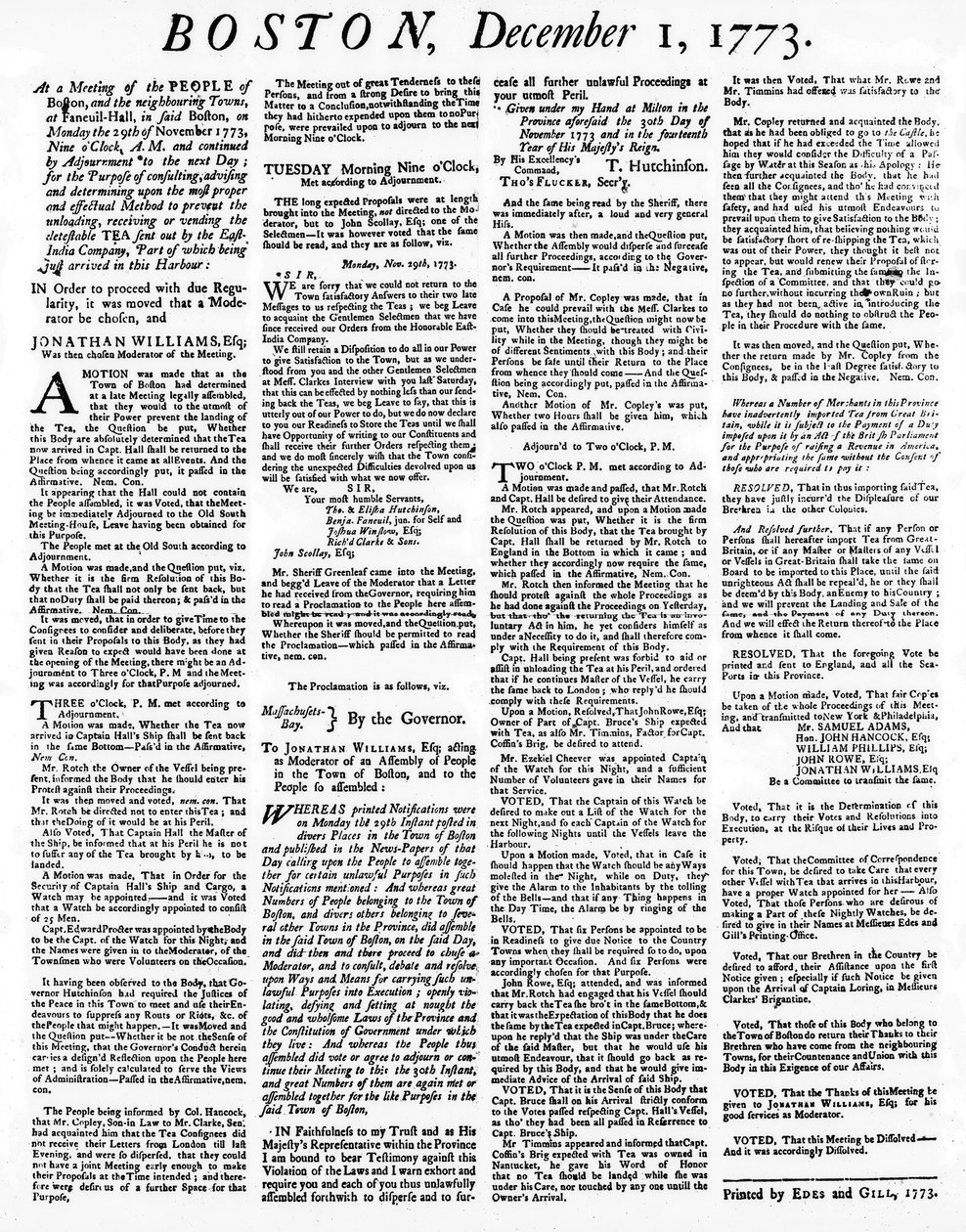 Um jornal Broadside detalhando os eventos do Boston Tea Party, dezembro de 1773 (impressão) de American School