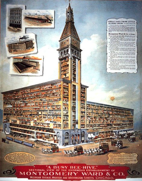 "A Busy Bee Hive": Vista seccional do enorme estabelecimento da Montgomery Ward & Co de American School