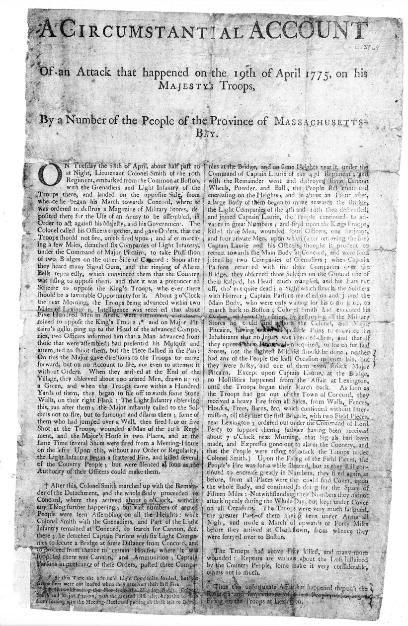 Um relato circunstancial de um ataque ..., impresso em 1775 (impresso) de American School