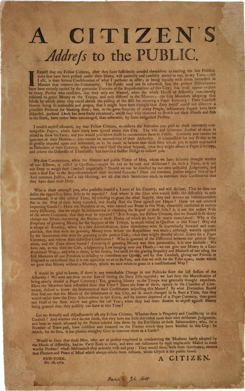 Um discurso de cidadania ao público: apoio às tropas reais, 18 de dezembro de 1769 de American School