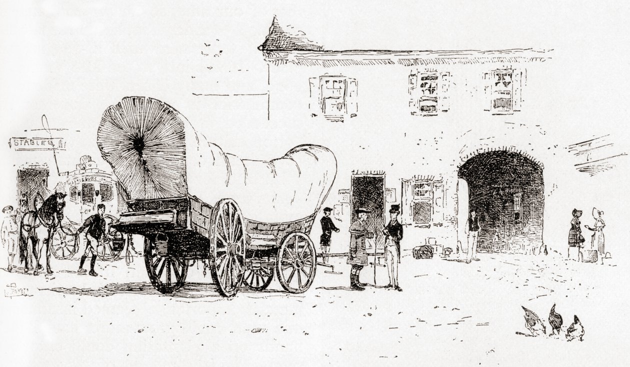 Uma carroça Conestoga no pátio Bull