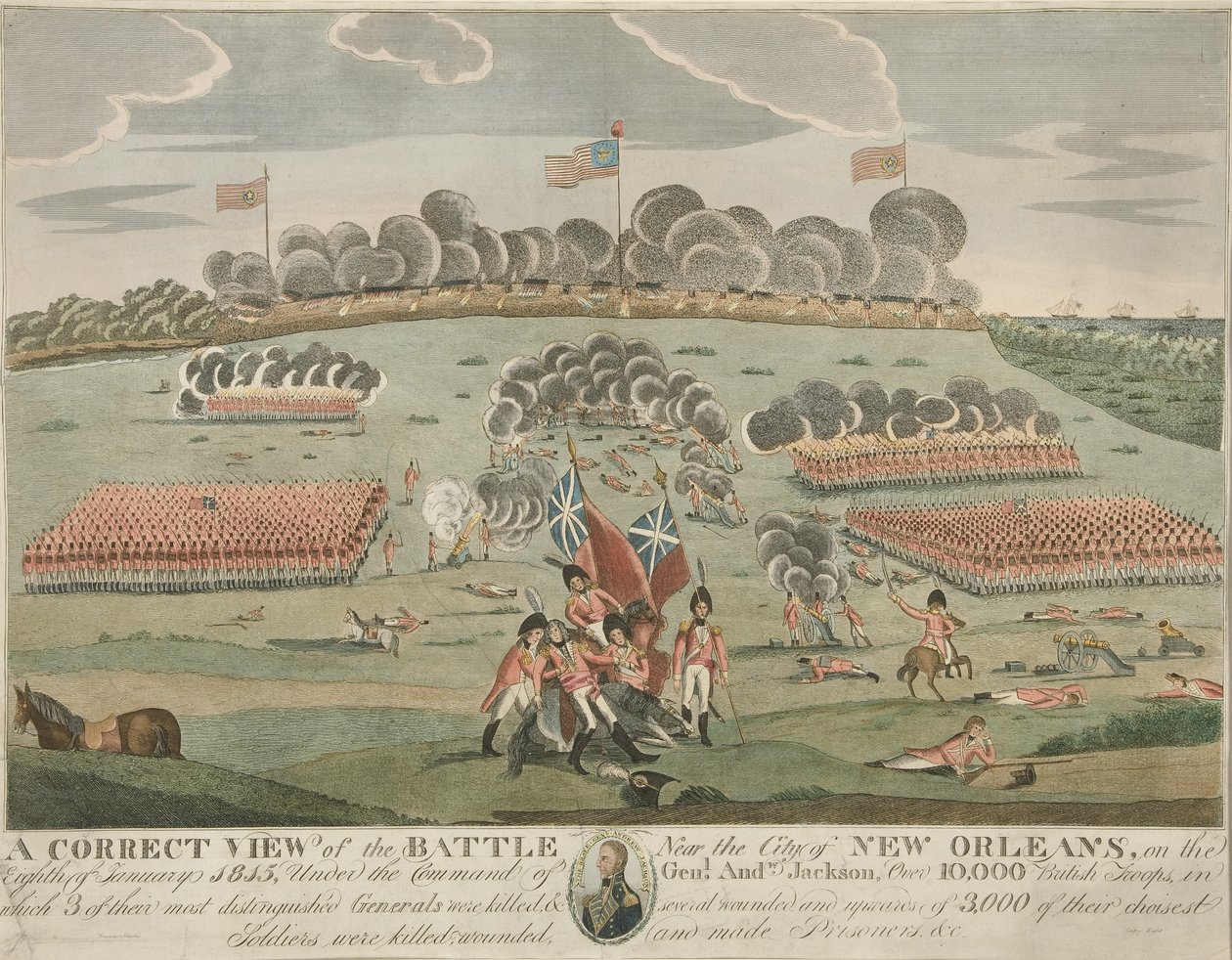 Uma visão correta da batalha perto da cidade de Nova Orleans, pub. c.1815 (Gravura Colorida da Mão) de American School