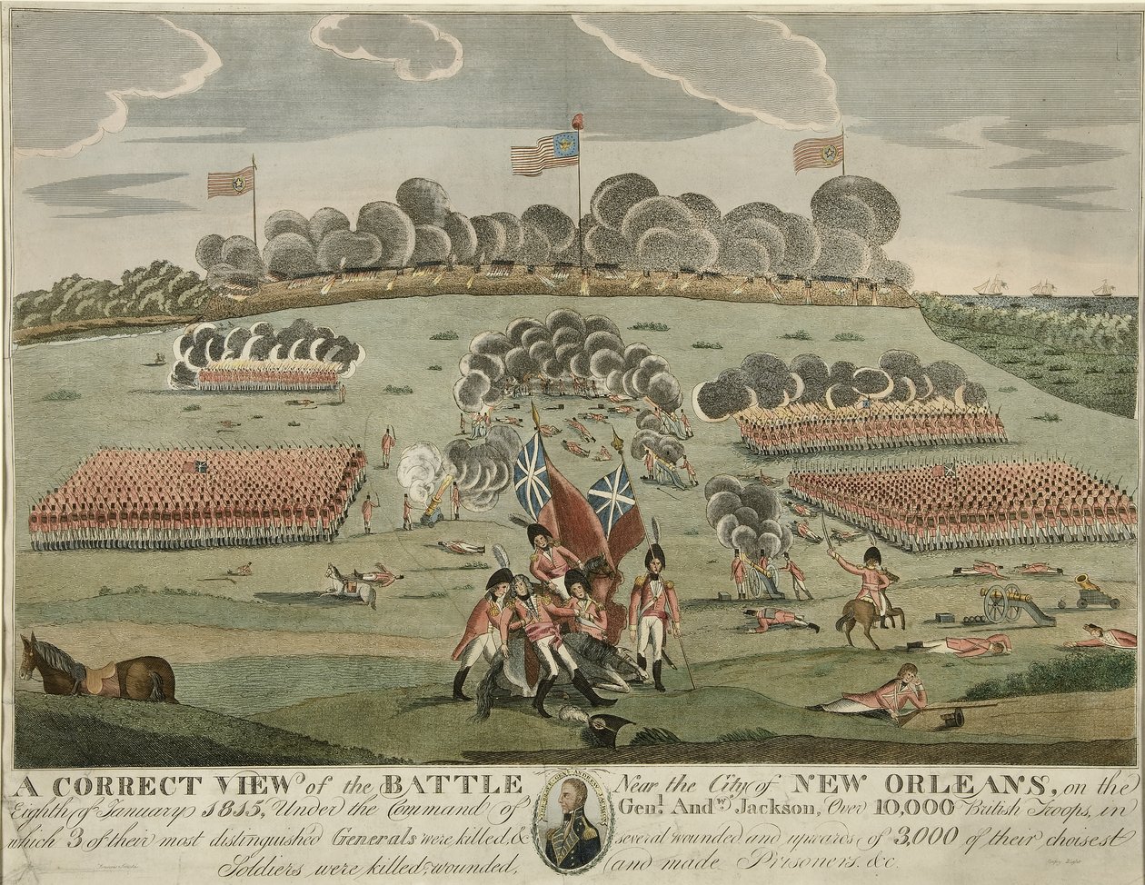 A Correct View of the Battle near the City of New Orleans, pub. c.1815 (Gravura à mão) de American School