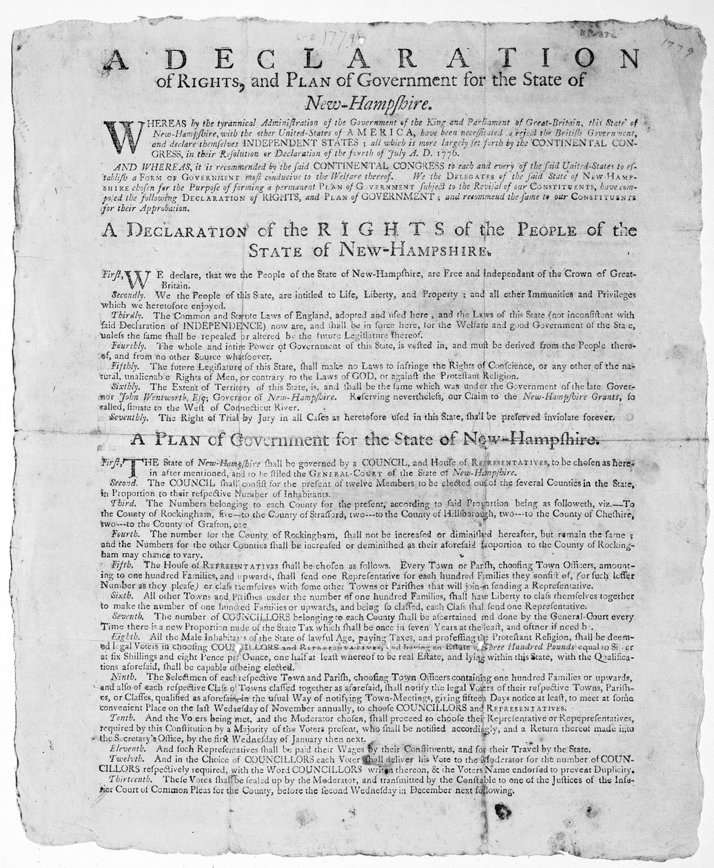 Uma Declaração de Direitos e Plano de Governo para o Estado de New Hampshire, 1779 (impressão) de American School