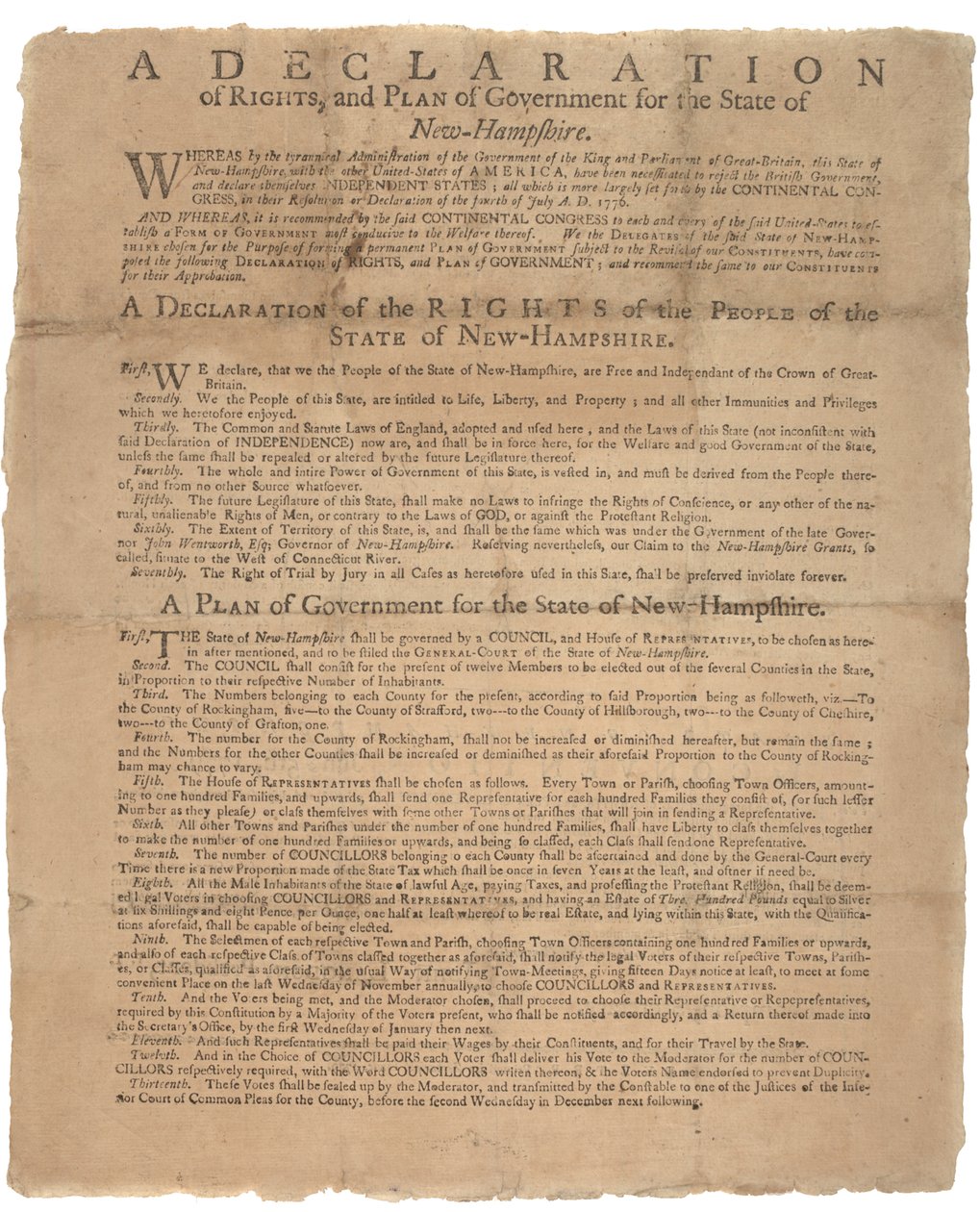 Uma Declaração de Direitos e um pedido de governo para o Estado de New Hampshire, 1779 de American School