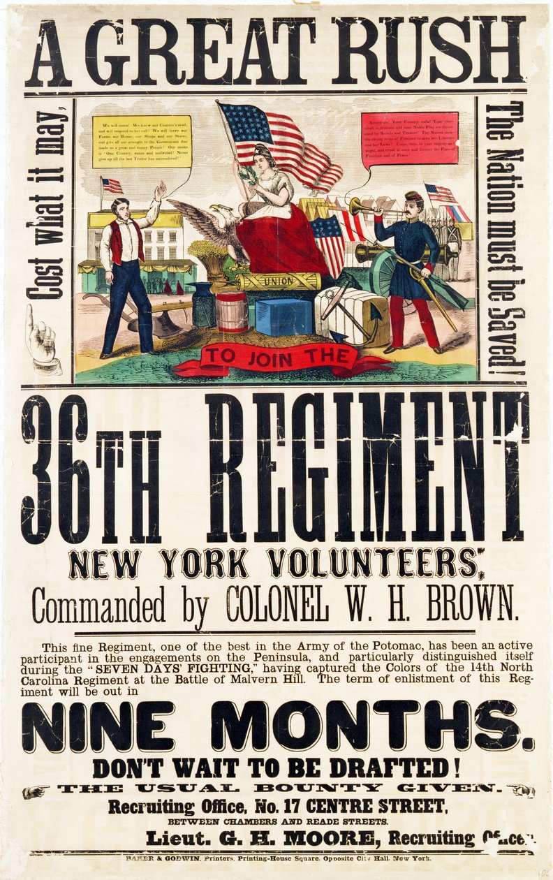 A Great Rush, cartaz de recrutamento para o 36º Regimento, publicado pela Baker & Goodwin de American School