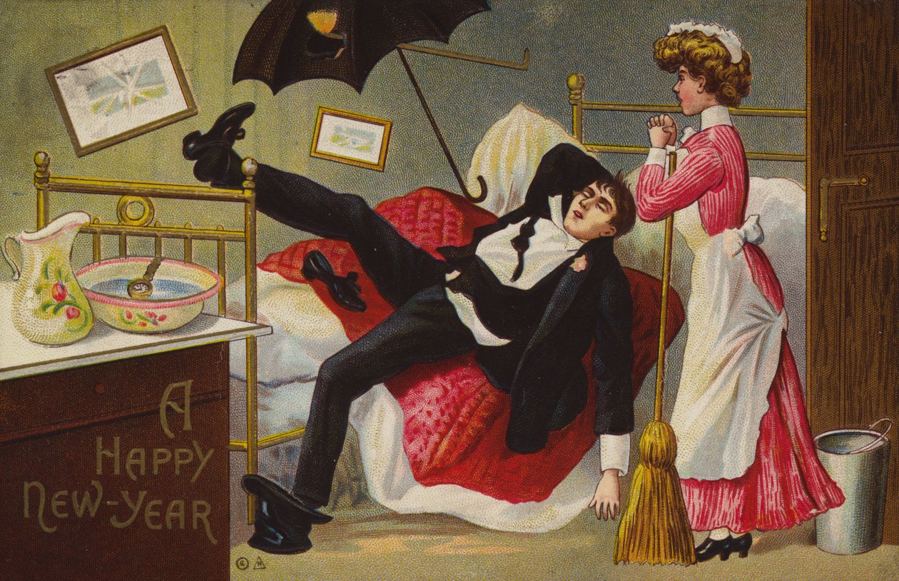 Feliz Ano Novo, homem bêbedo na cama, empregada doméstica a olhar (litografia a cores) de American School