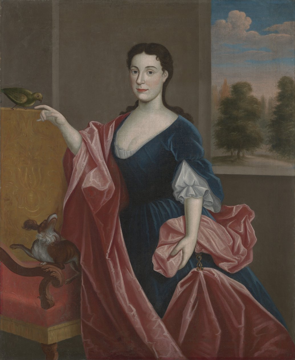 Uma senhora do vale de Hudson com cão e papagaio, c.1720-30 de American School