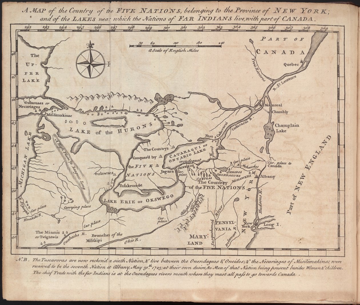 Um mapa do país das Cinco Nações, pertencente à província de Nova Iorque; e dos lagos perto dos quais vivem as nações de índios distantes, com parte do Canadá, por Cadwallader Colden de American School