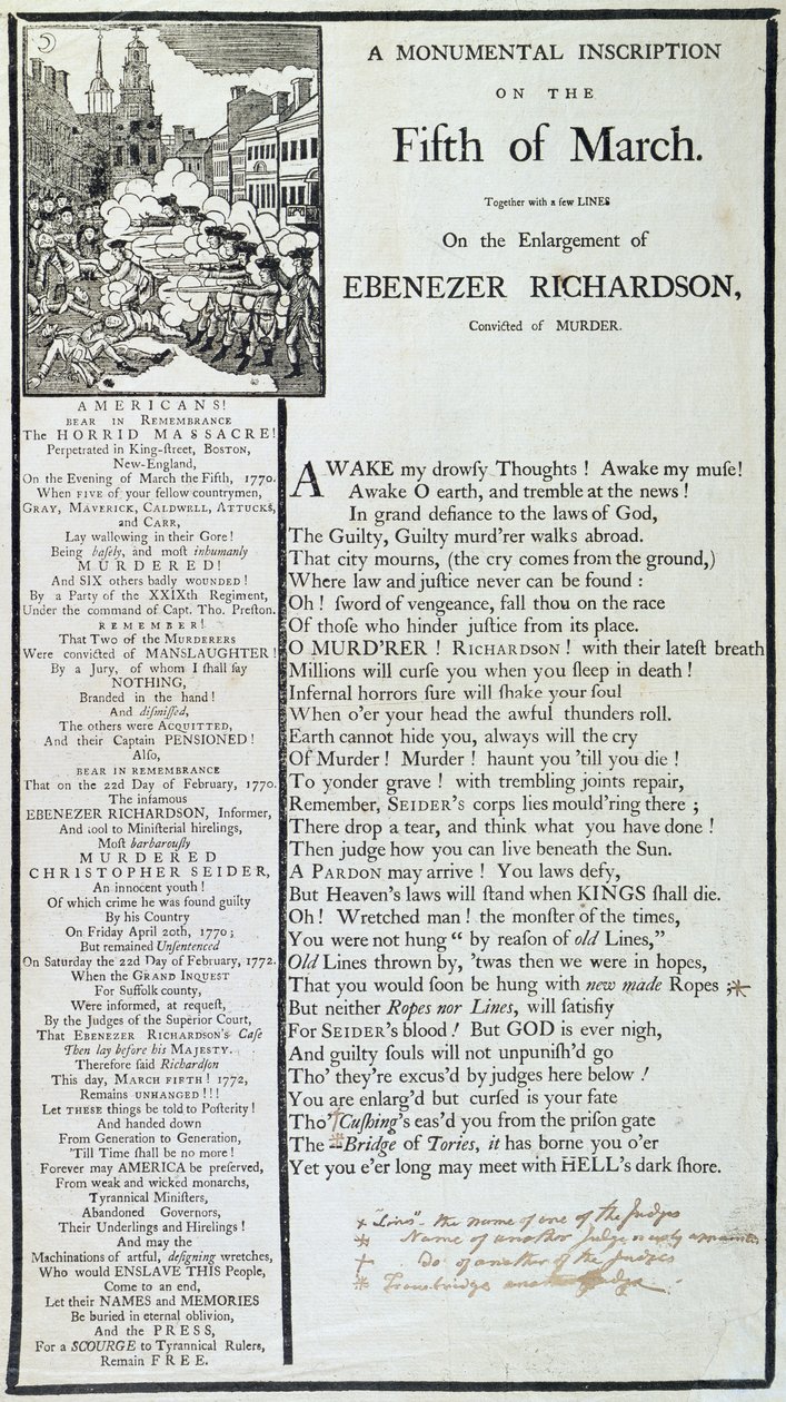 Uma inscrição monumental no quinto de março de 1772 (impressão) de American School