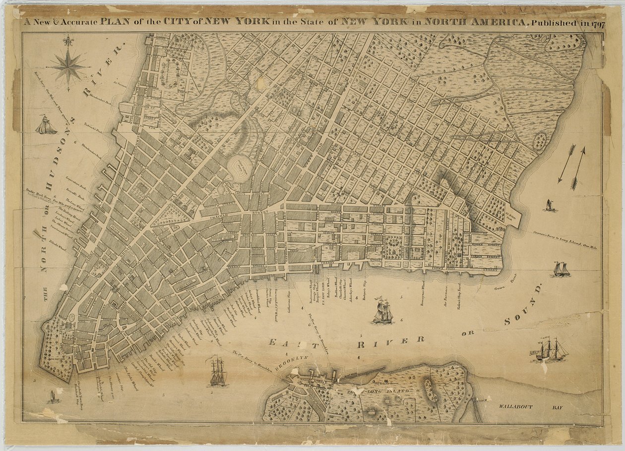Um novo e preciso plano da cidade de Nova York, no estado de Nova York, na América do Norte, publicado em 1797, 1797 (tinta preta e colorida sobre papel, apoiada em tecido) de American School