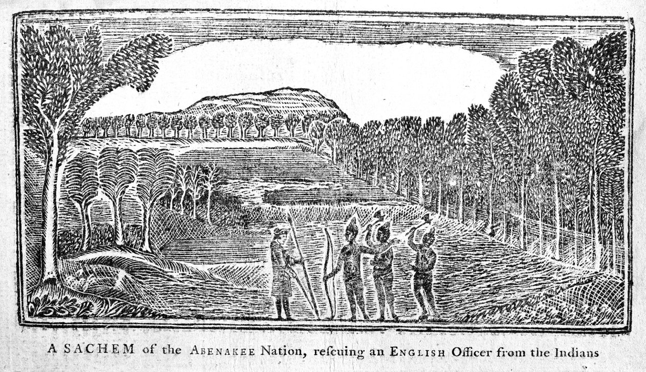 Um Sachem da Nação Abenakee resgatando um oficial inglês, ilustração de Bickerstaffs Boston Almanack, publicou 1768 de American School