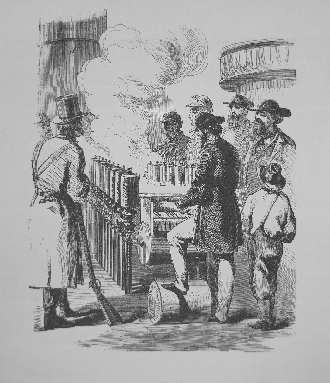 Um calliope a vapor, utilizado em barcos a vapor americanos, c.1870 (gravura) de American School