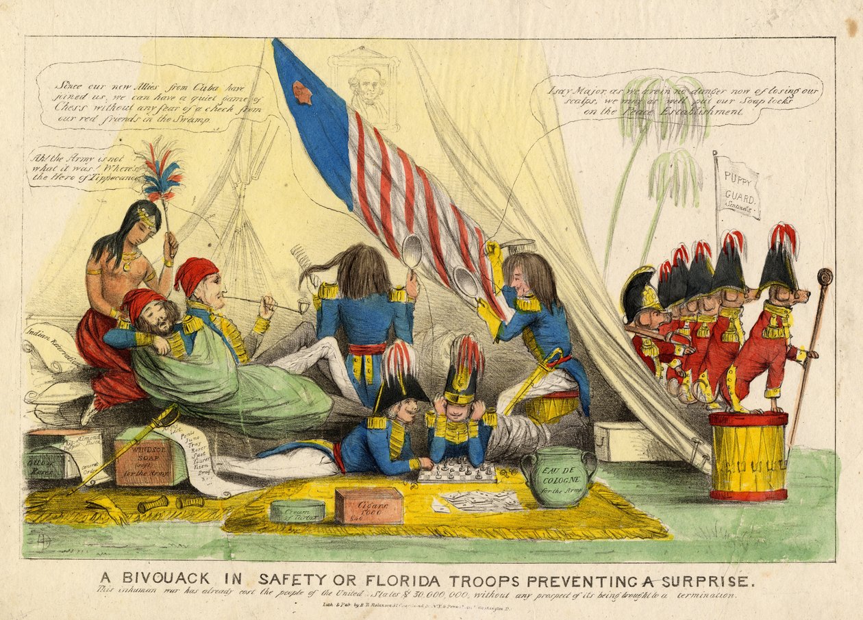 Um bivaque em segurança, ou tropas da Flórida impedindo uma surpresa, publicado por HR Robinson, Nova York, c.1839 de American School