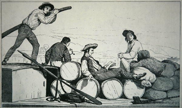 Uma lancha transportando carga no rio Mississippi, c.1840 (gravura) de American School
