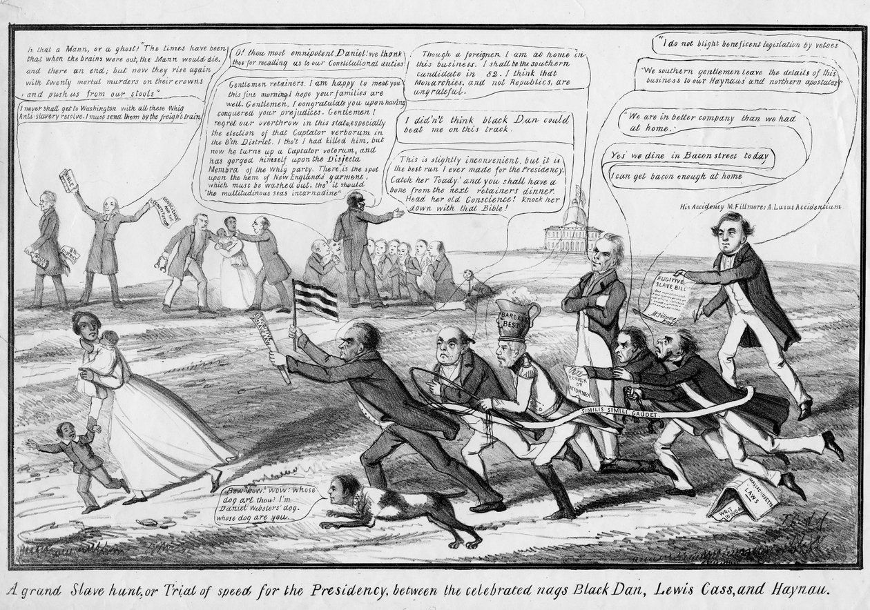 Uma grande caça de escravos, ou, Teste de velocidade para a presidência, entre os célebres nags Black Dan, Lewis Cass e Haynau, publicado por TC, Nova York, c.1852 de American School