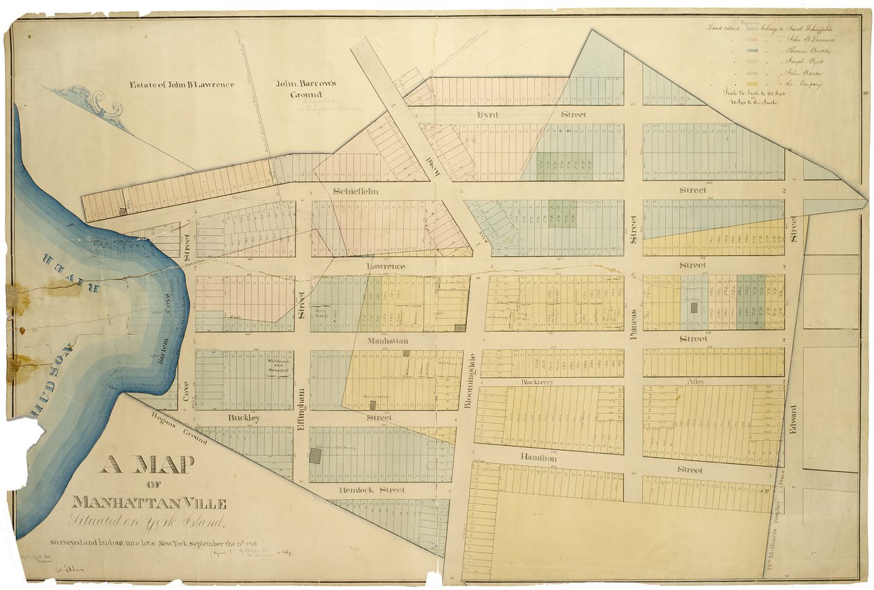 Um mapa de Manhattanville Situado na Ilha de York - pesquisado e colocado em lotes por Adolphus Loss; copiado RJ Dodge., 1850 de American School