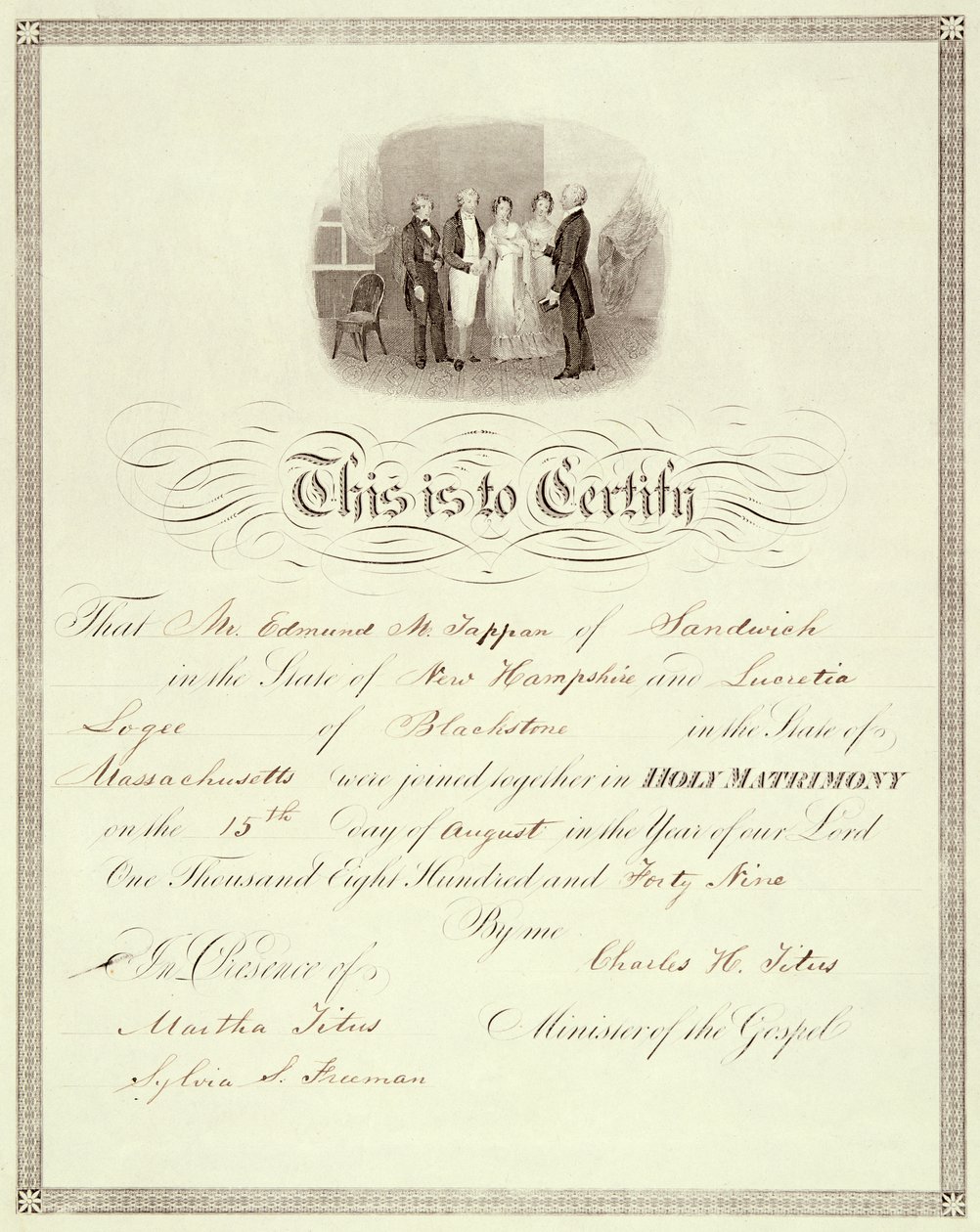 Uma certidão de casamento de 1849 de American School
