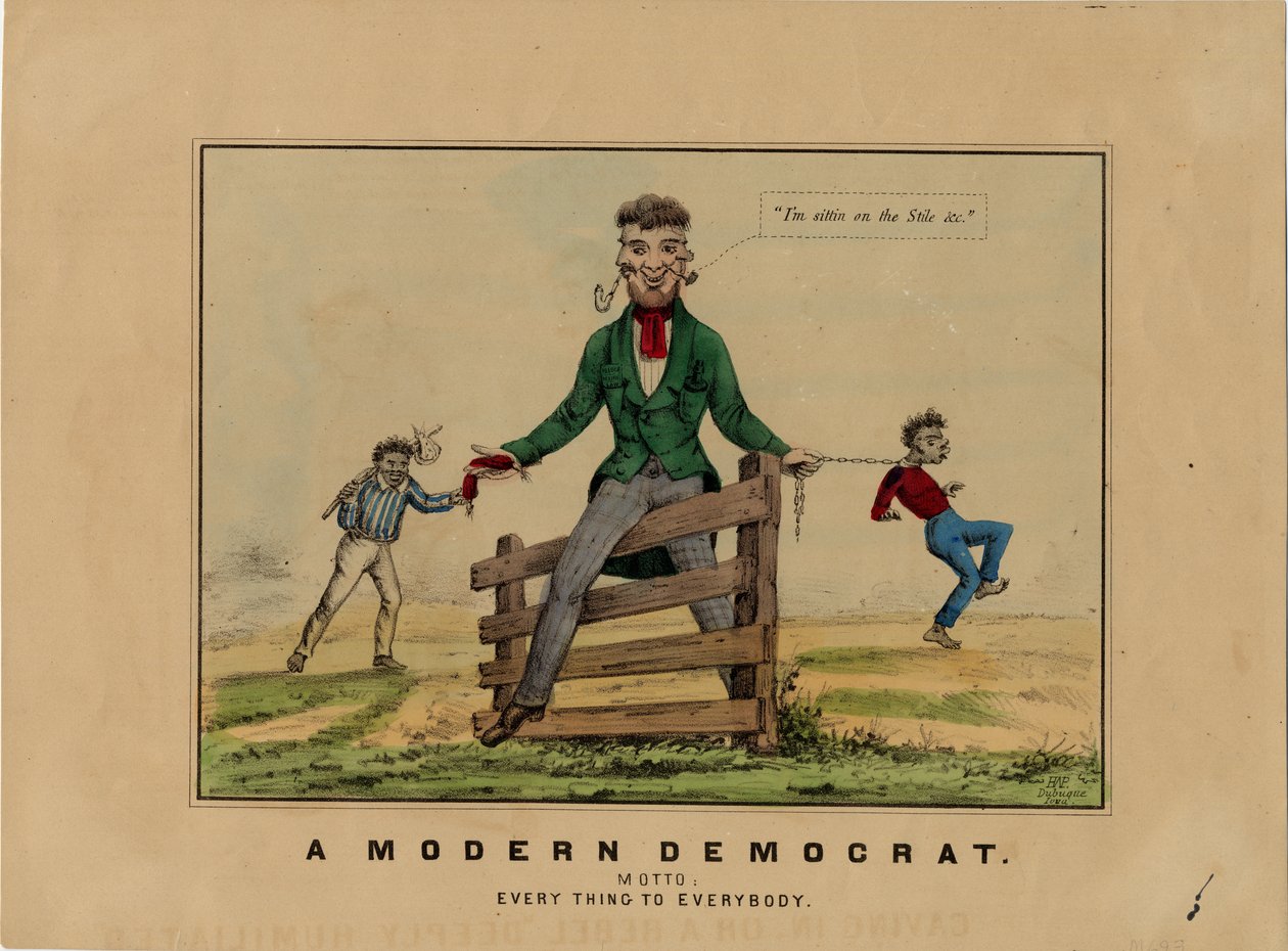 Um democrata moderno: lema: tudo para todos, assinado em pedra: HAP, publicado em Dubuque, Iowa, c.1860 de American School