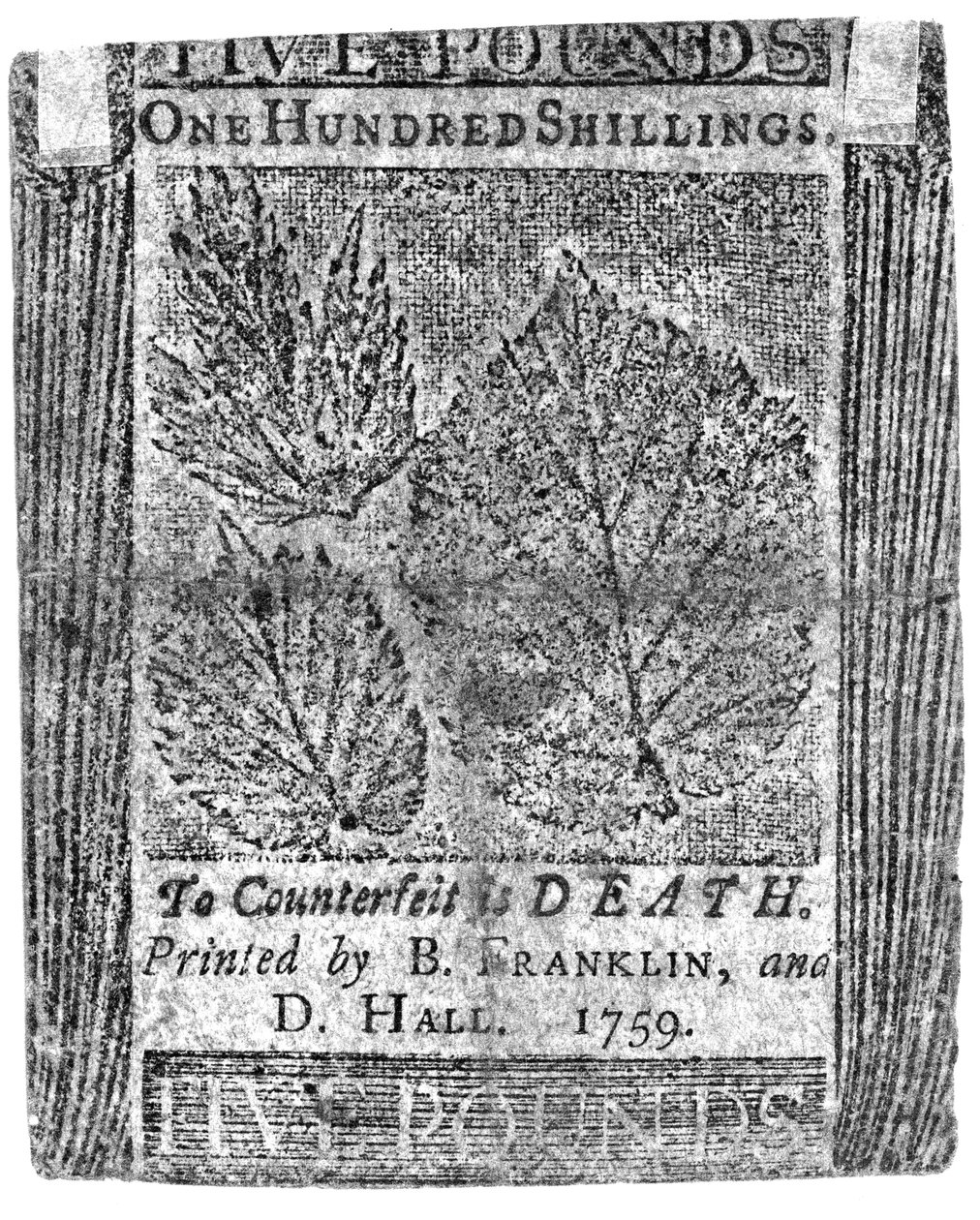 Uma nota de cem xelins impressa por B. Franklin e D. Hall, 1759 (impressão) de American School