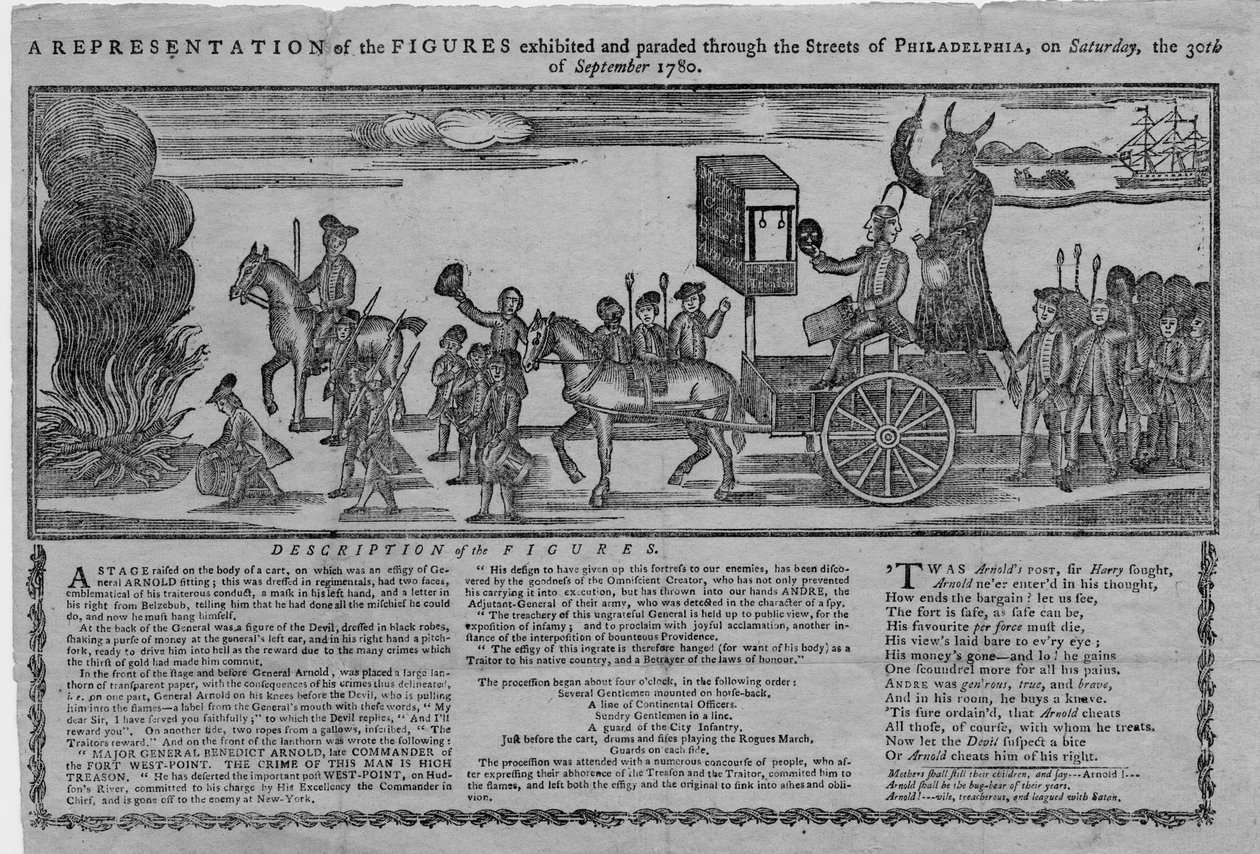 Uma representação das figuras exibidas e desfilou pelas ruas da Filadélfia no sábado, dia 30 de setembro de 1780 de American School