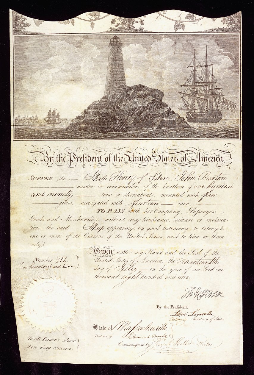 Passaporte de um navio para &39;Henry de Salem&39;, solicitando passagem segura, retratando um navio com a bandeira americana e um farol nas rochas de American School