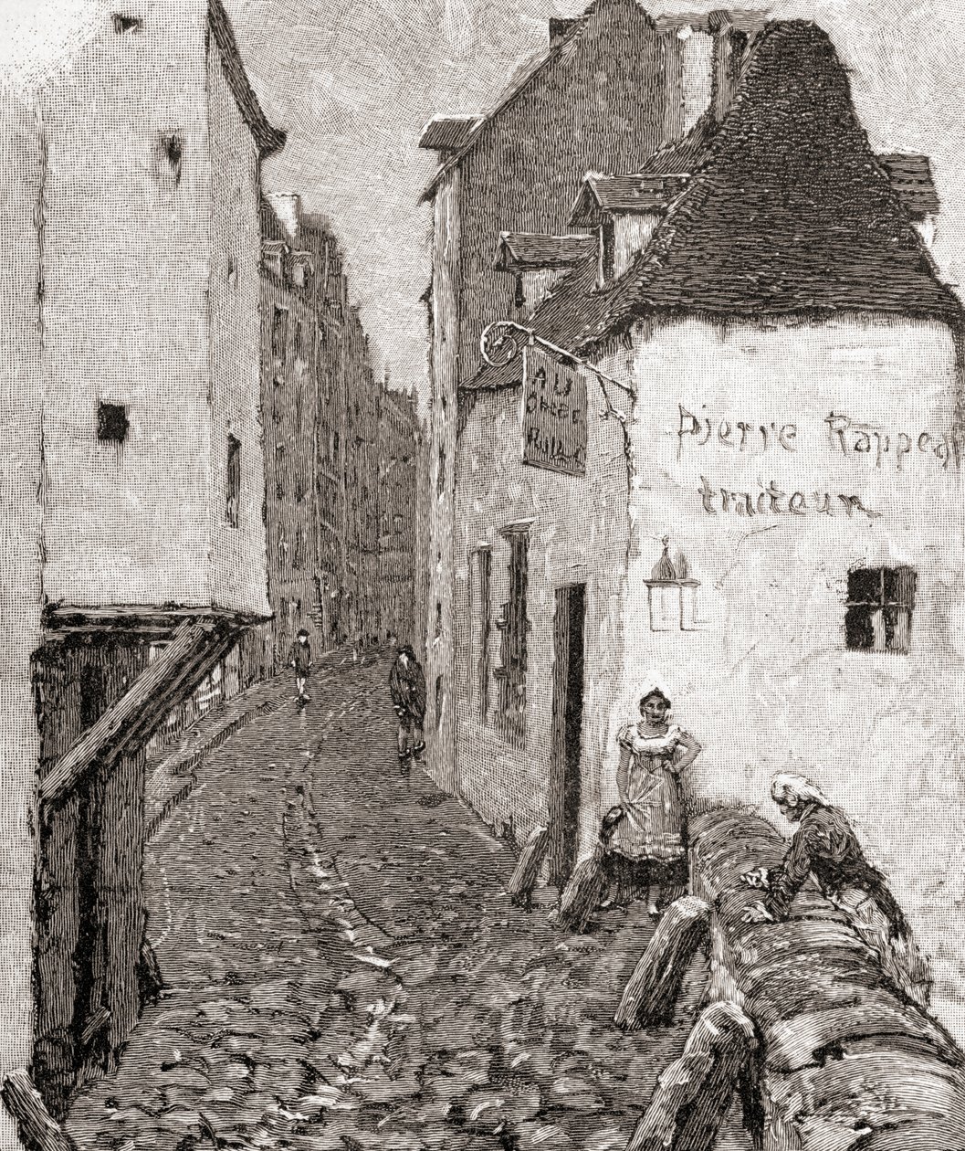Uma rua na velha Paris do século XIX, da "The Century Illustrated Monthly Magazine", publicada em 1884 (gravura em madeira) de American School
