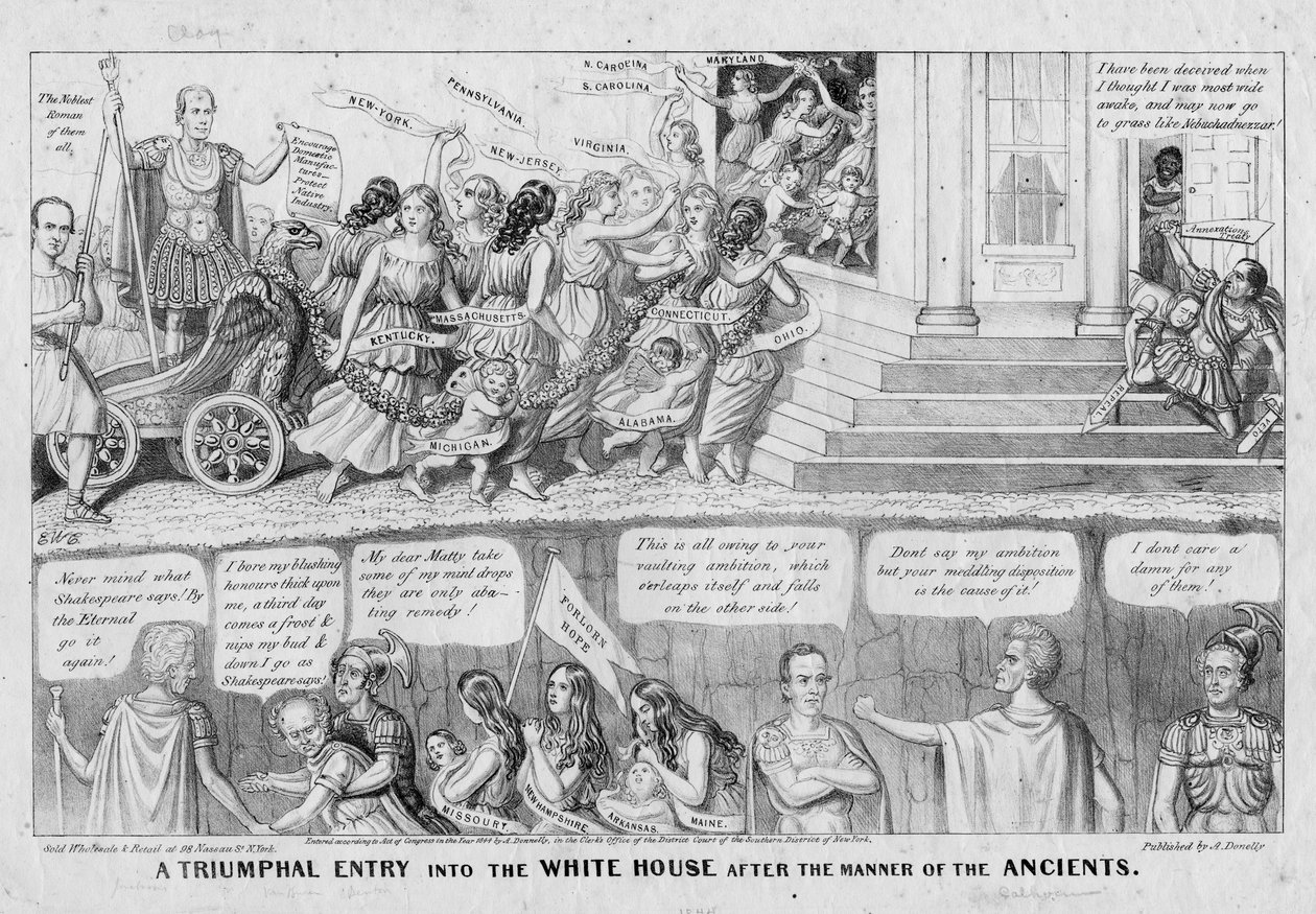 Uma entrada triunfal na Casa Branca segundo a maneira dos Antigos, publicada por A Donnelly, Nova York, 1844 de American School