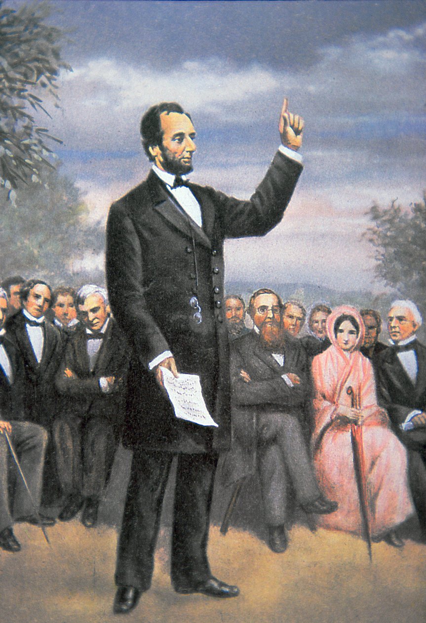 Abraham Lincoln (1809-65) entregando o endereço de Gettysburg em Gettysburg, Pennsylvania, Novembro 1863 (cor litho) de American School